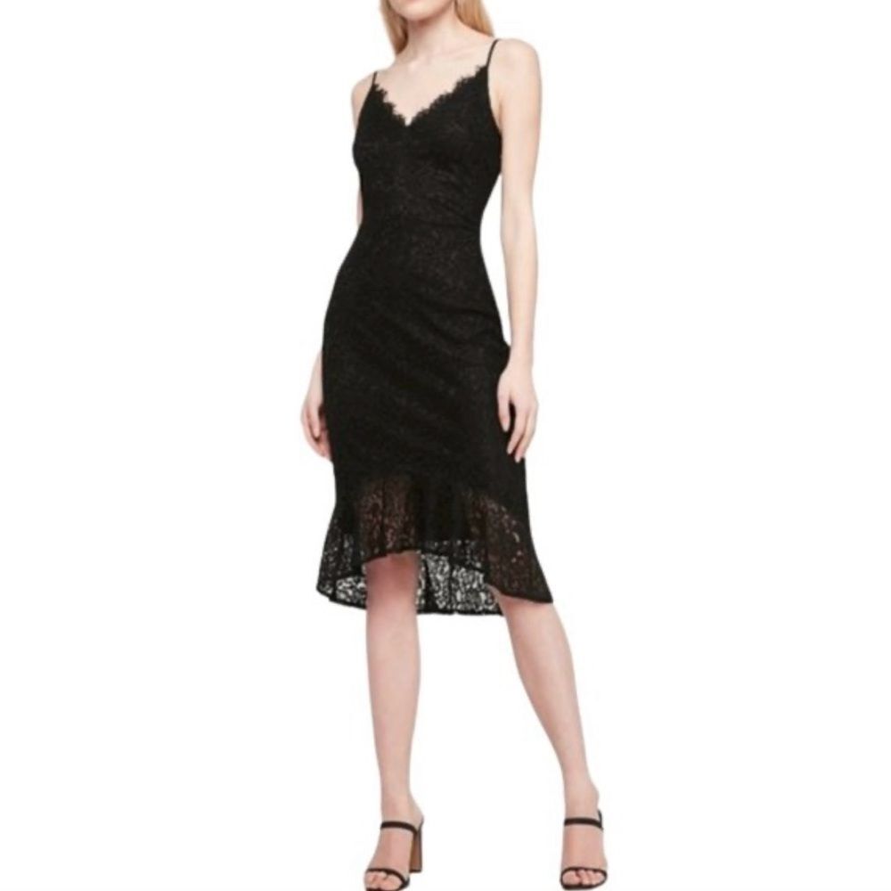EXPRESS Lace Flounce Dress Cami Midi High Low Lined Cocktail Black Size Small